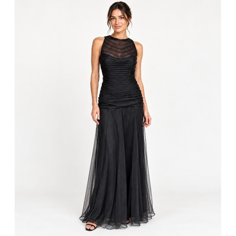 Vintage Tadashi Maxi Dress 90s Mesh Ruched Tiered Evening Gown Black Small